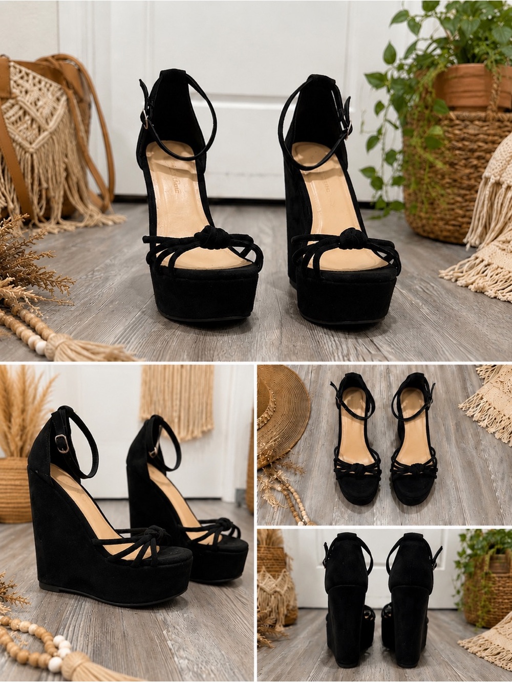 Wild Diva Black Suede Knotted Platform Wedge Sandals with Ankle Strap